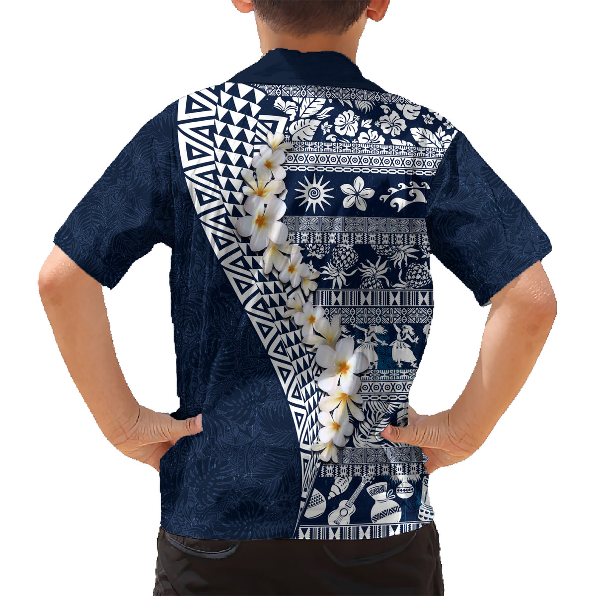 Hawaii Plumeria Tribal Vintage Family Matching Short Sleeve Bodycon Dress and Hawaiian Shirt Special Blue LT03 - Polynesian Pride