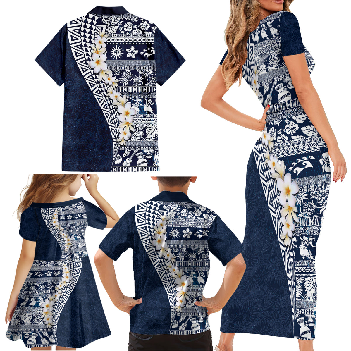 Hawaii Plumeria Tribal Vintage Family Matching Short Sleeve Bodycon Dress and Hawaiian Shirt Special Blue LT03 - Polynesian Pride