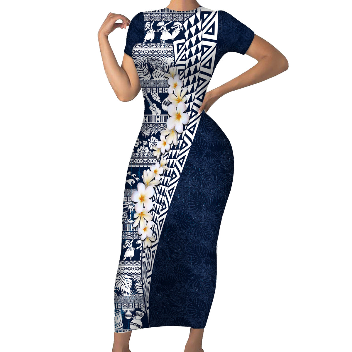Hawaii Plumeria Tribal Vintage Family Matching Short Sleeve Bodycon Dress and Hawaiian Shirt Special Blue LT03 Mom's Dress Blue - Polynesian Pride