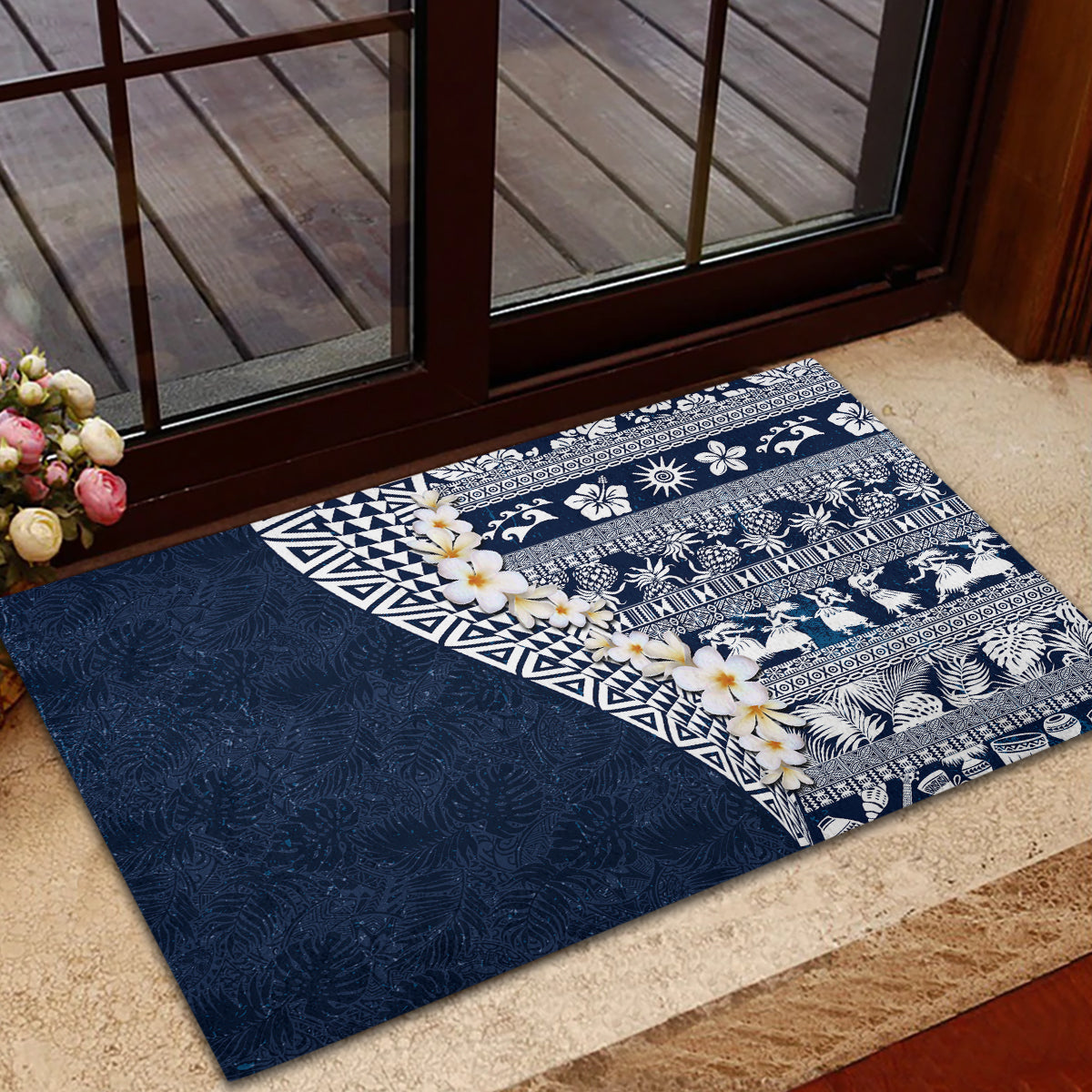 Hawaii Plumeria Tribal Vintage Rubber Doormat Special Blue