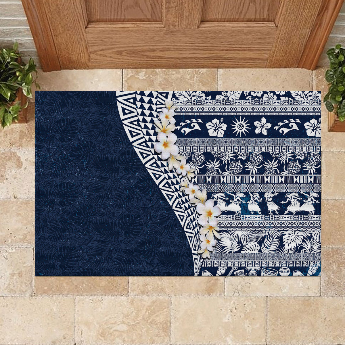 Hawaii Plumeria Tribal Vintage Rubber Doormat Special Blue