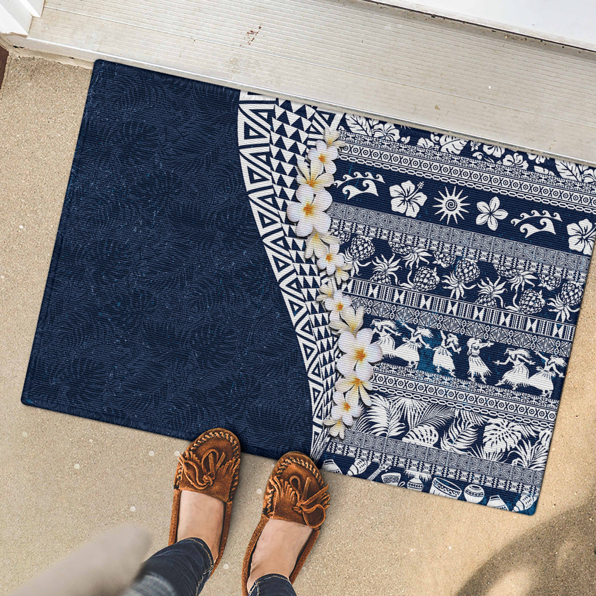 Hawaii Plumeria Tribal Vintage Rubber Doormat Special Blue