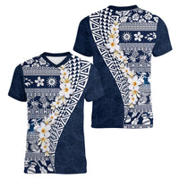 Hawaii Plumeria Tribal Vintage Women V Neck T Shirt Special Blue