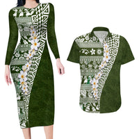 Hawaii Plumeria Tribal Vintage Couples Matching Long Sleeve Bodycon Dress and Hawaiian Shirt Special Green LT03 Green - Polynesian Pride