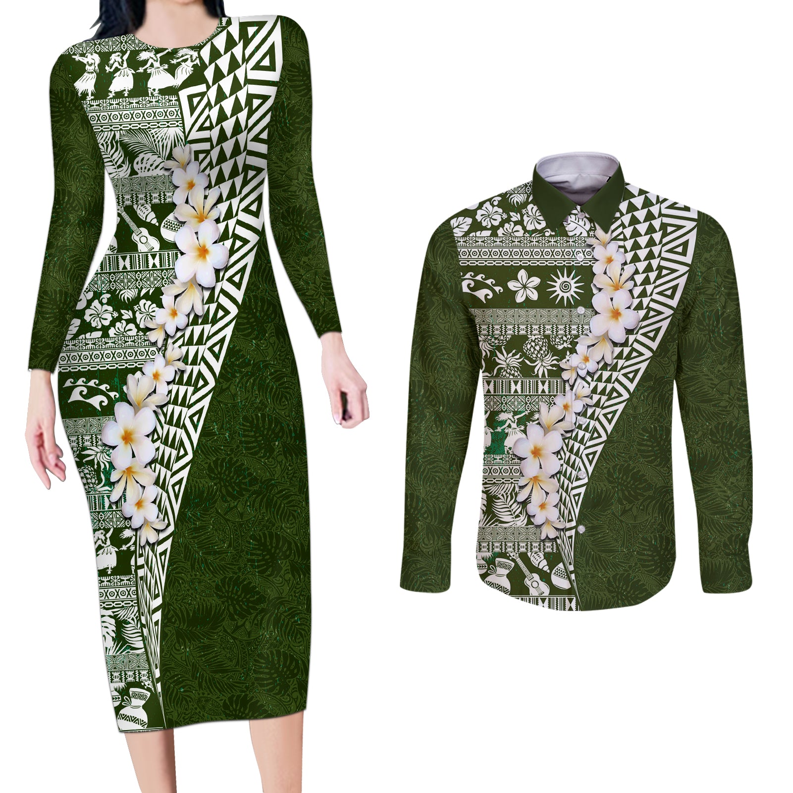 Hawaii Plumeria Tribal Vintage Couples Matching Long Sleeve Bodycon Dress and Long Sleeve Button Shirt Special Green