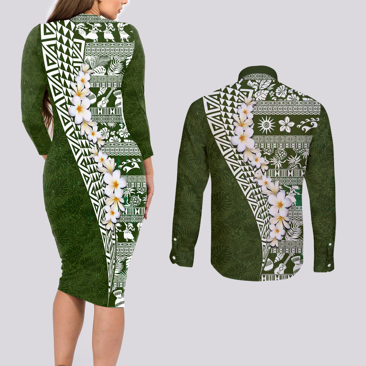 Hawaii Plumeria Tribal Vintage Couples Matching Long Sleeve Bodycon Dress and Long Sleeve Button Shirt Special Green