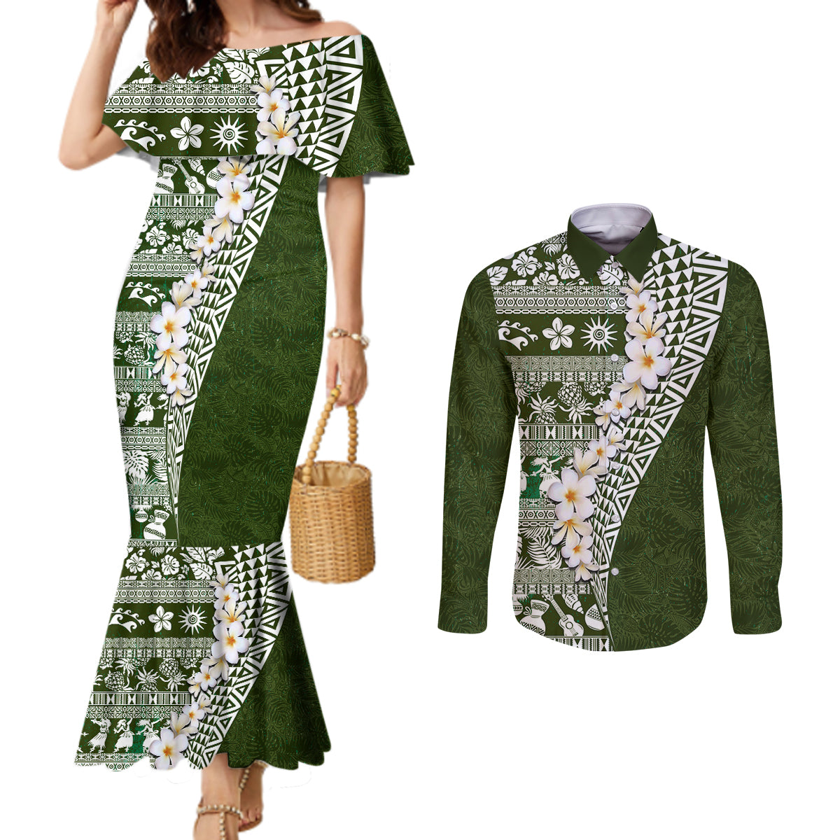 Hawaii Plumeria Tribal Vintage Couples Matching Mermaid Dress and Long Sleeve Button Shirt Special Green