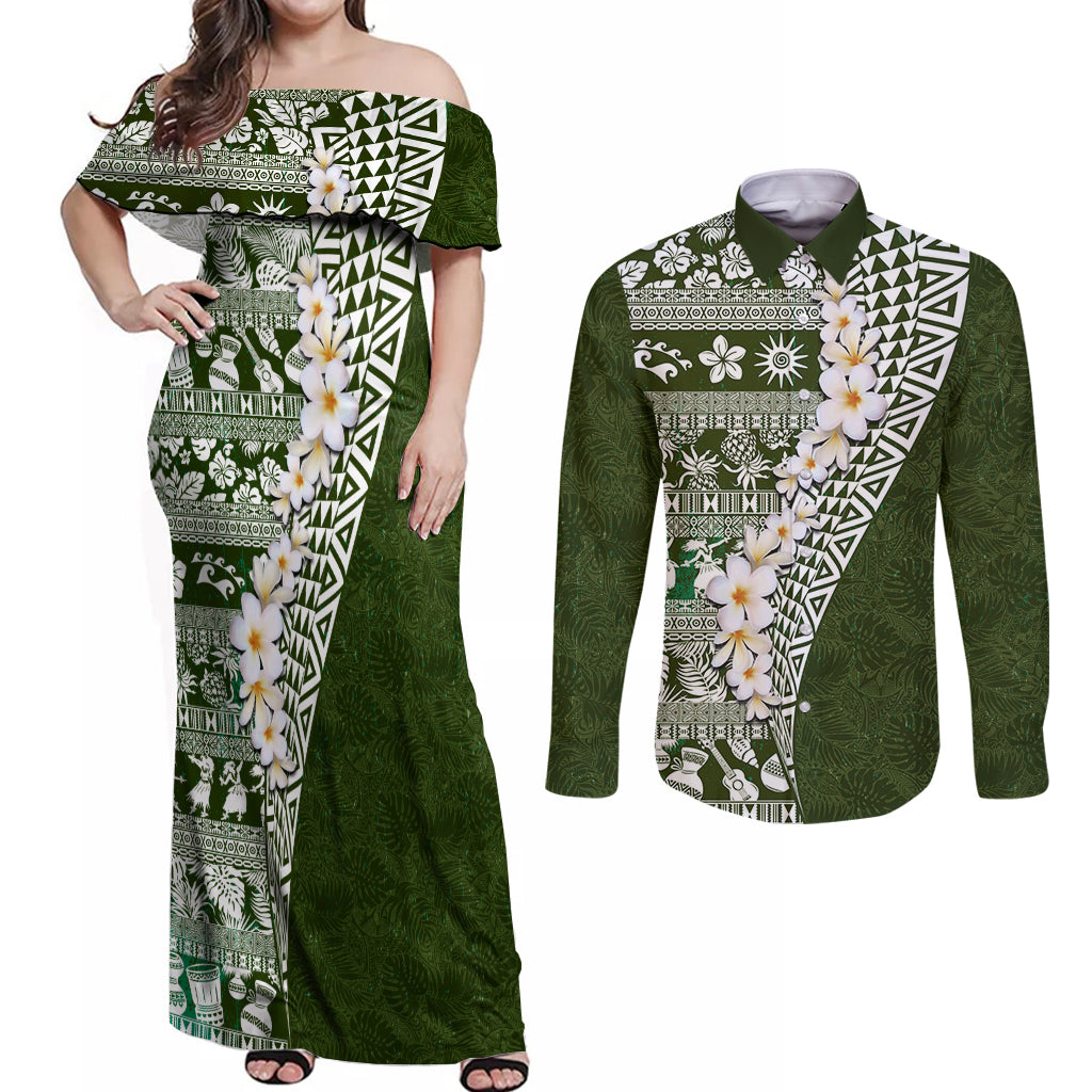 Hawaii Plumeria Tribal Vintage Couples Matching Off Shoulder Maxi Dress and Long Sleeve Button Shirt Special Green