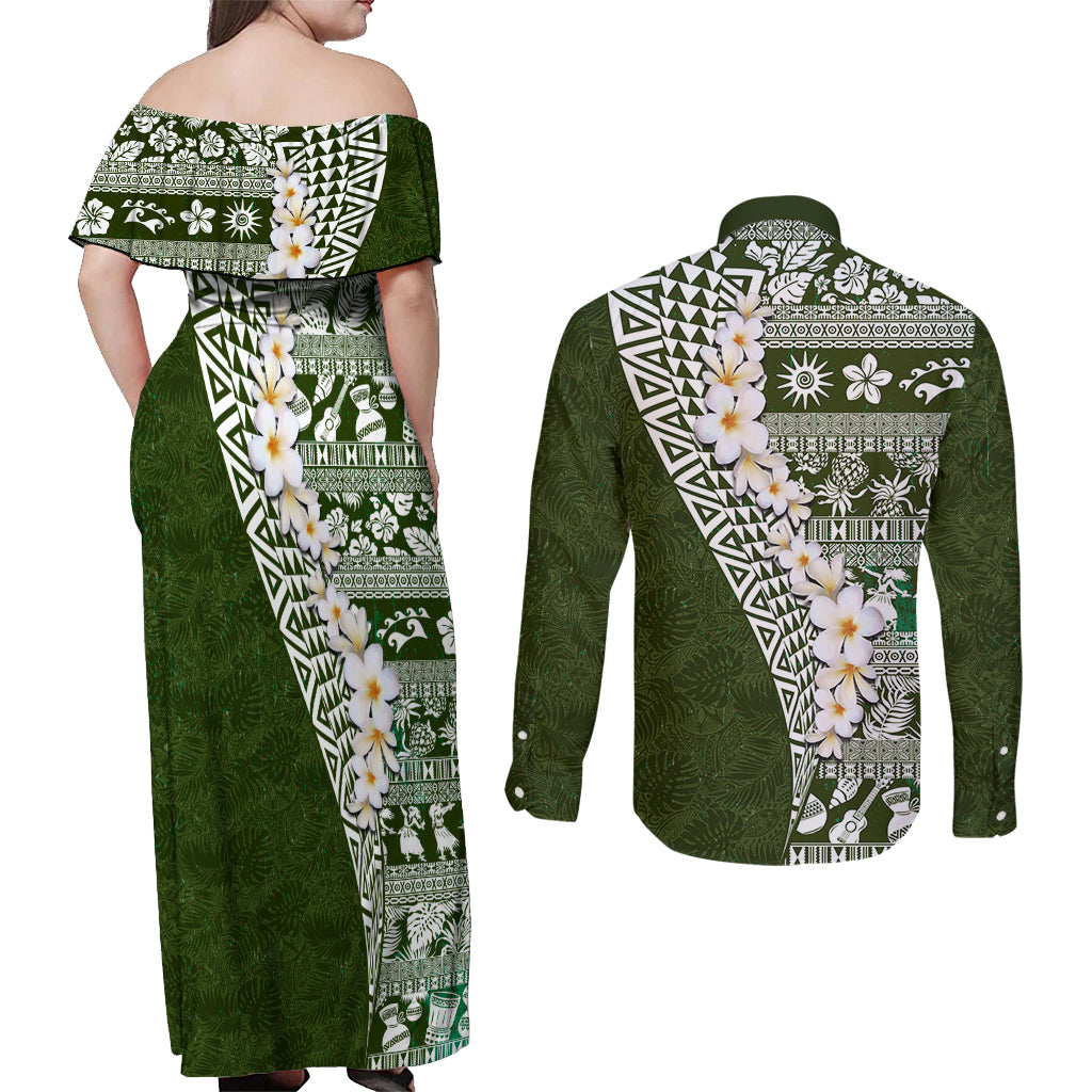 Hawaii Plumeria Tribal Vintage Couples Matching Off Shoulder Maxi Dress and Long Sleeve Button Shirt Special Green