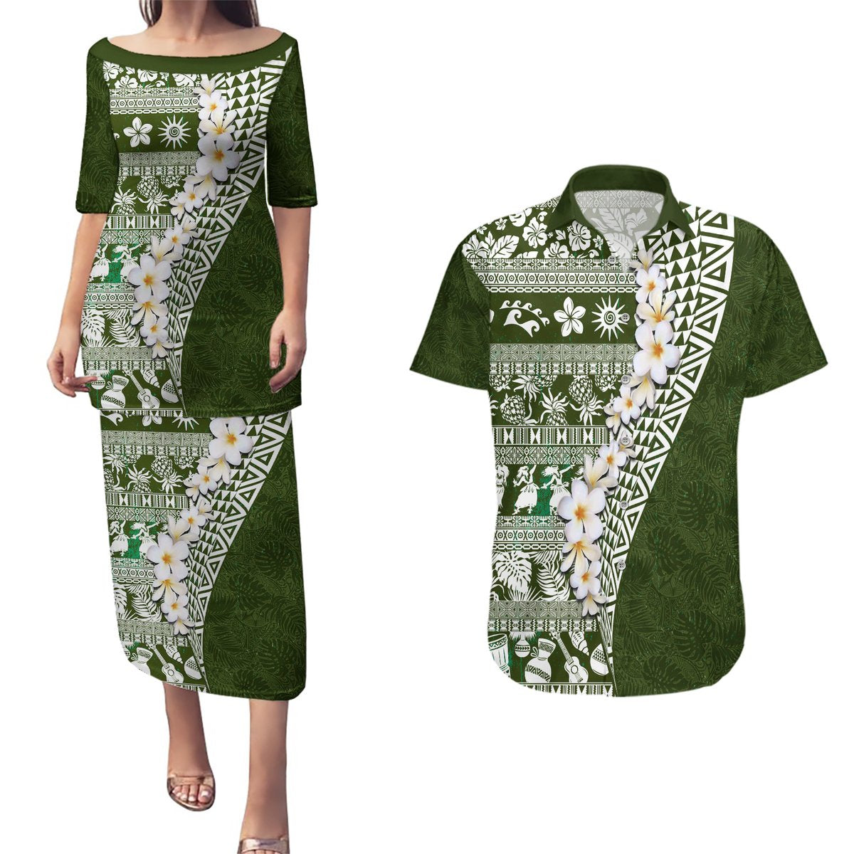 Hawaii Plumeria Tribal Vintage Couples Matching Puletasi and Hawaiian Shirt Special Green