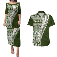 Hawaii Plumeria Tribal Vintage Couples Matching Puletasi and Hawaiian Shirt Special Green