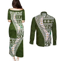 Hawaii Plumeria Tribal Vintage Couples Matching Puletasi and Long Sleeve Button Shirt Special Green