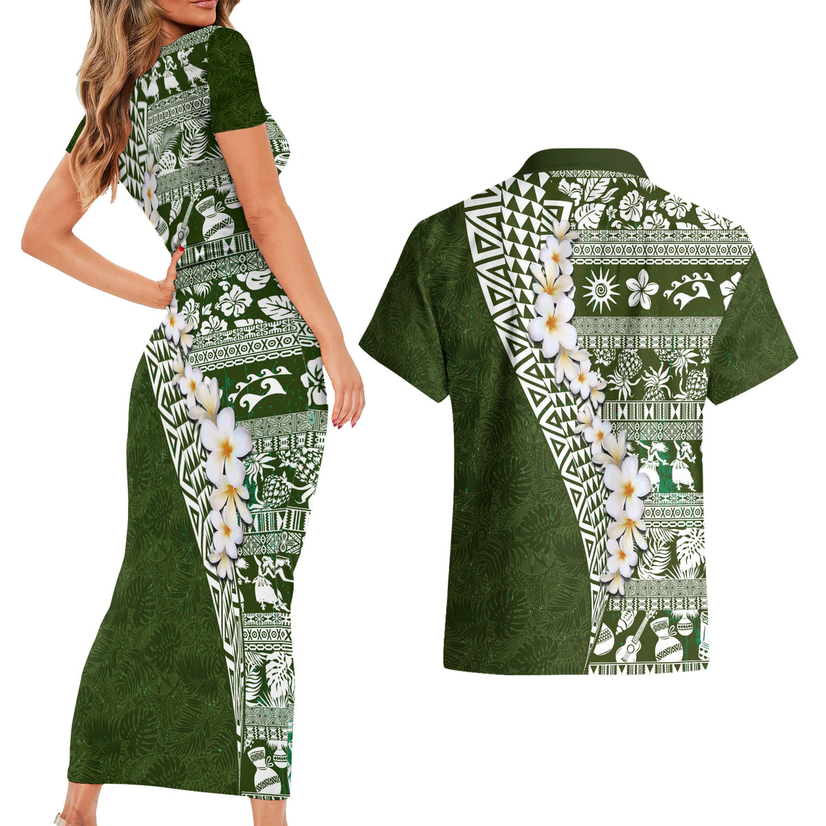 Hawaii Plumeria Tribal Vintage Couples Matching Short Sleeve Bodycon Dress and Hawaiian Shirt Special Green LT03 - Polynesian Pride
