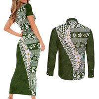 Hawaii Plumeria Tribal Vintage Couples Matching Short Sleeve Bodycon Dress and Long Sleeve Button Shirt Special Green