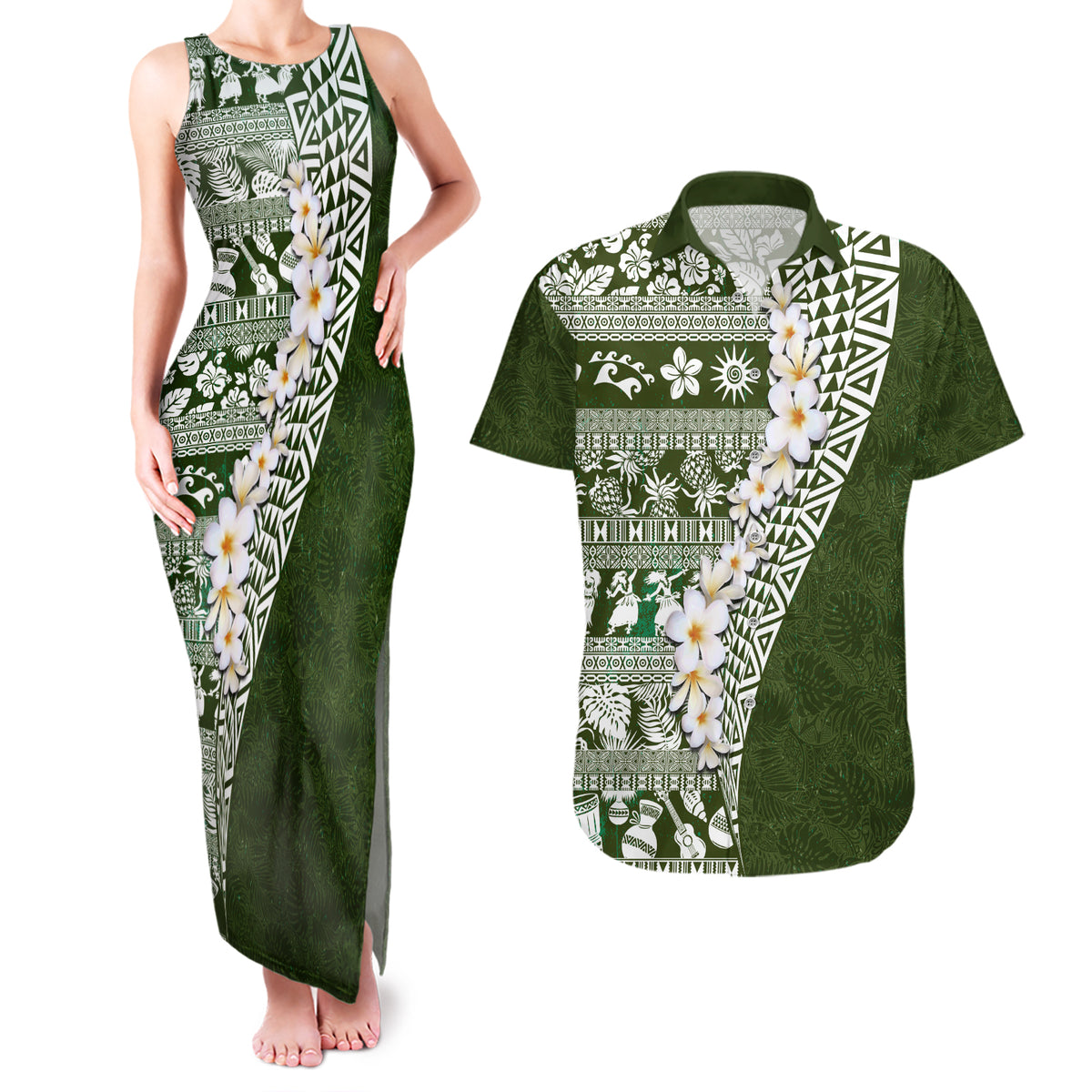 Hawaii Plumeria Tribal Vintage Couples Matching Tank Maxi Dress and Hawaiian Shirt Special Green