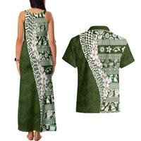 Hawaii Plumeria Tribal Vintage Couples Matching Tank Maxi Dress and Hawaiian Shirt Special Green