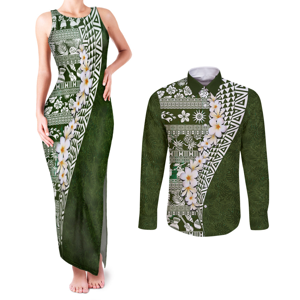 Hawaii Plumeria Tribal Vintage Couples Matching Tank Maxi Dress and Long Sleeve Button Shirt Special Green