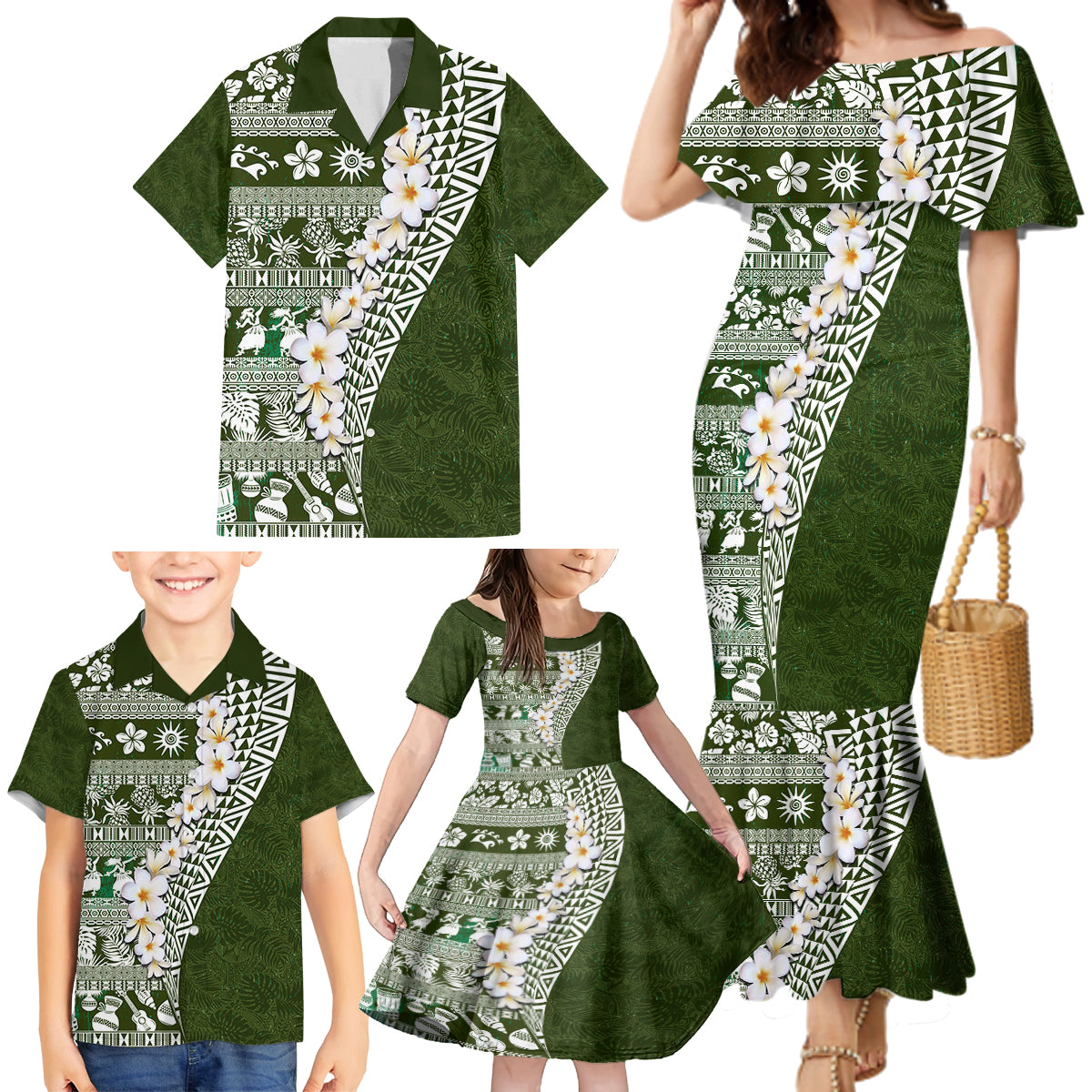 Hawaii Plumeria Tribal Vintage Family Matching Mermaid Dress and Hawaiian Shirt Special Green LT03 - Polynesian Pride