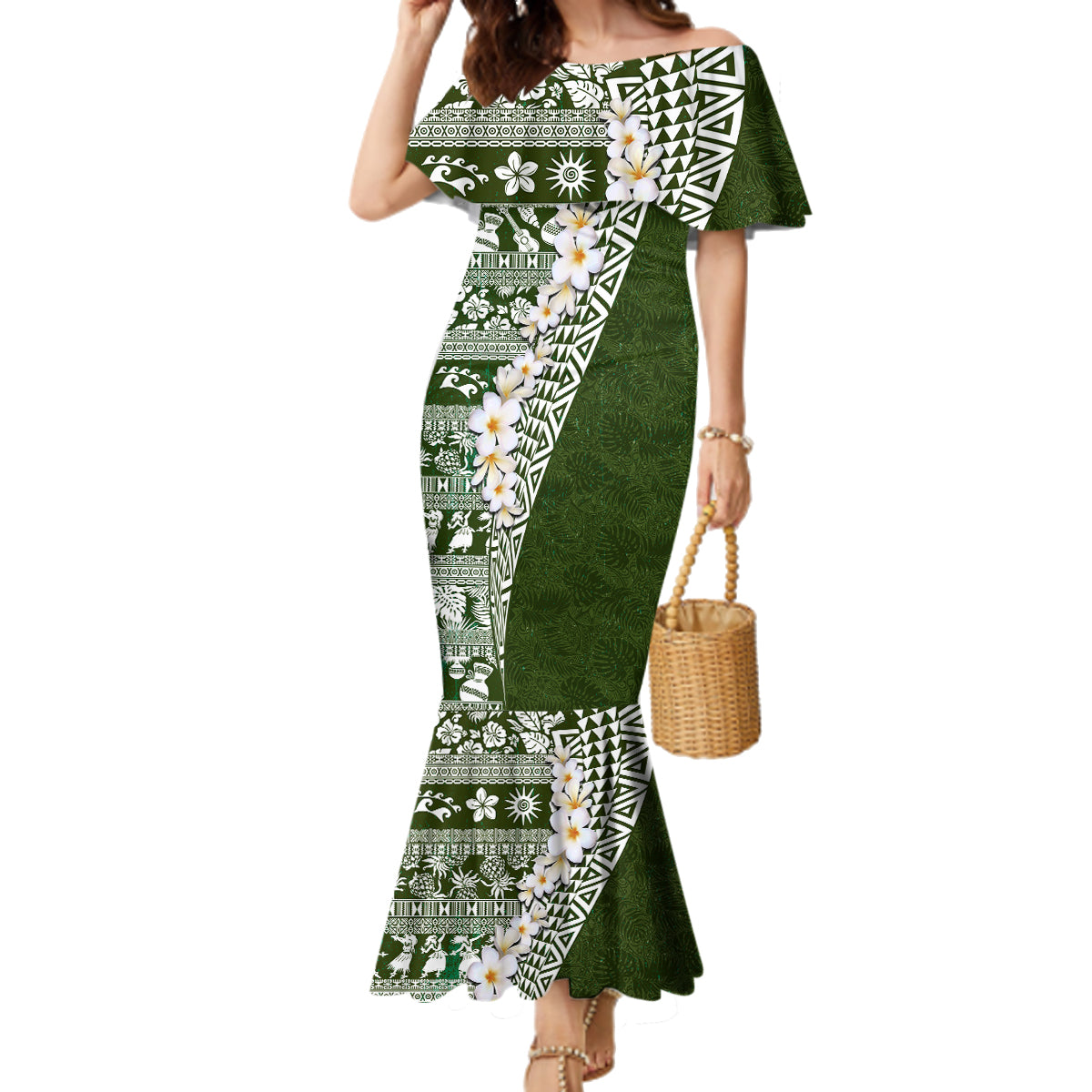 Hawaii Plumeria Tribal Vintage Family Matching Mermaid Dress and Hawaiian Shirt Special Green LT03 Mom's Dress Green - Polynesian Pride
