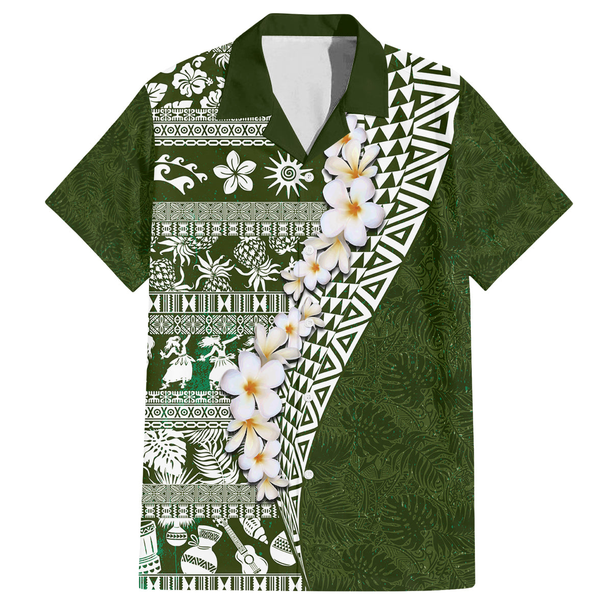 Hawaii Plumeria Tribal Vintage Family Matching Off The Shoulder Long Sleeve Dress and Hawaiian Shirt Special Green
