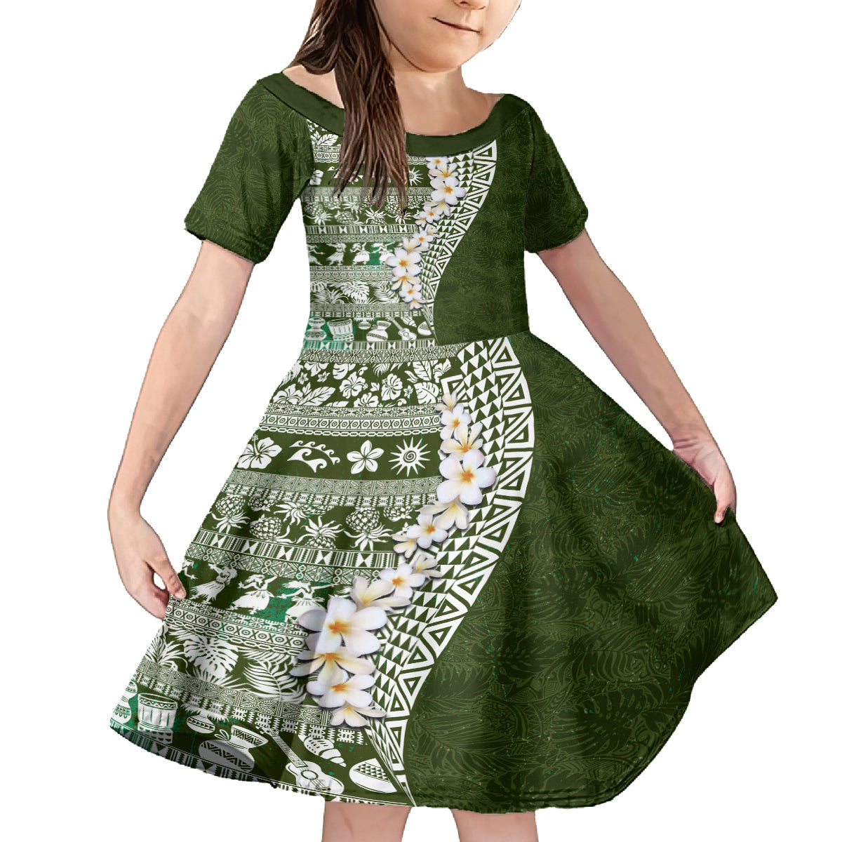 Hawaii Plumeria Tribal Vintage Family Matching Puletasi and Hawaiian Shirt Special Green LT03 Daughter's Dress Green - Polynesian Pride