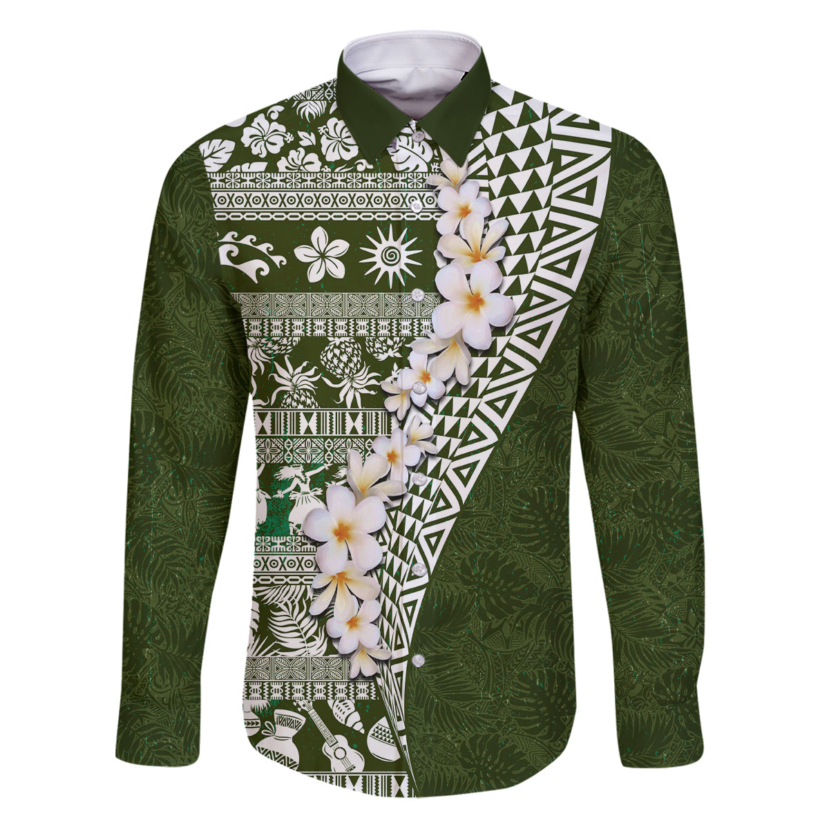 Hawaii Plumeria Tribal Vintage Family Matching Puletasi and Hawaiian Shirt Special Green LT03 Dad's Shirt - Long Sleeve Green - Polynesian Pride