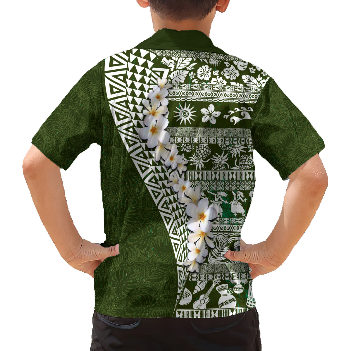 Hawaii Plumeria Tribal Vintage Family Matching Short Sleeve Bodycon Dress and Hawaiian Shirt Special Green LT03 - Polynesian Pride