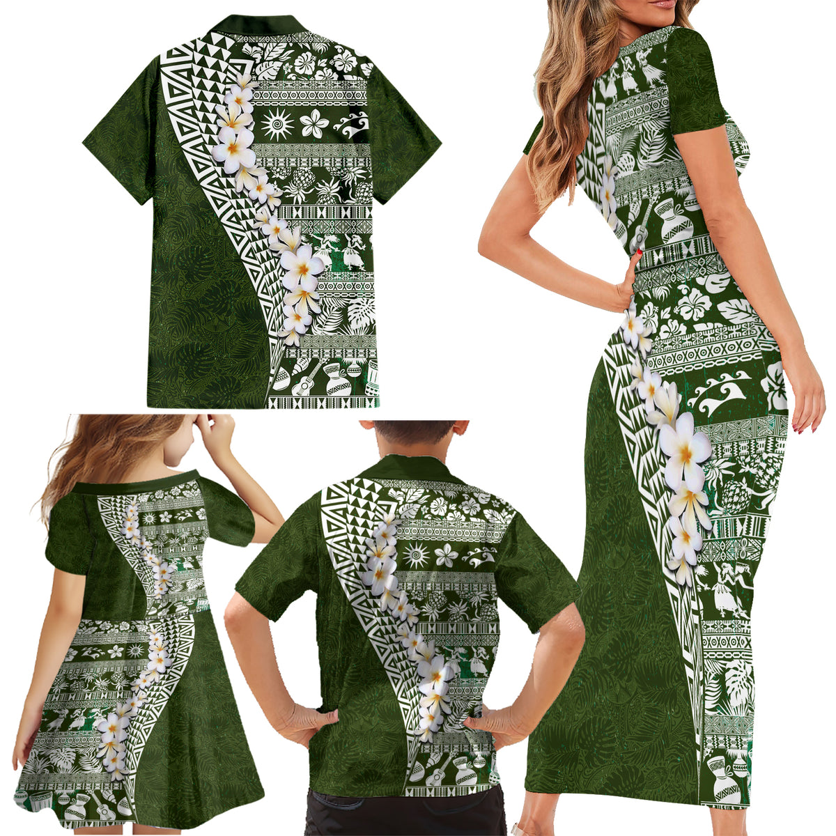 Hawaii Plumeria Tribal Vintage Family Matching Short Sleeve Bodycon Dress and Hawaiian Shirt Special Green LT03 - Polynesian Pride