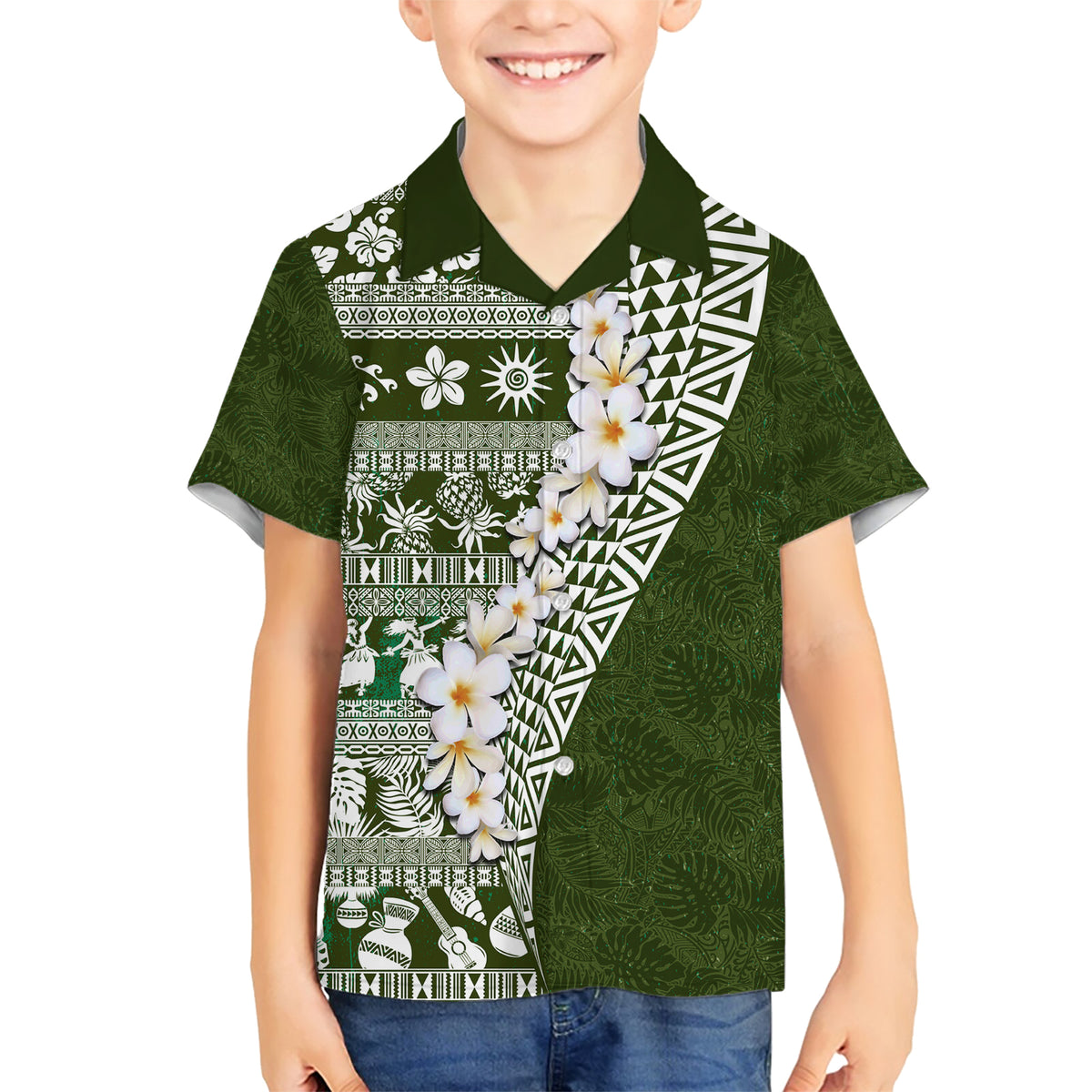 Hawaii Plumeria Tribal Vintage Family Matching Short Sleeve Bodycon Dress and Hawaiian Shirt Special Green LT03 Son's Shirt Green - Polynesian Pride