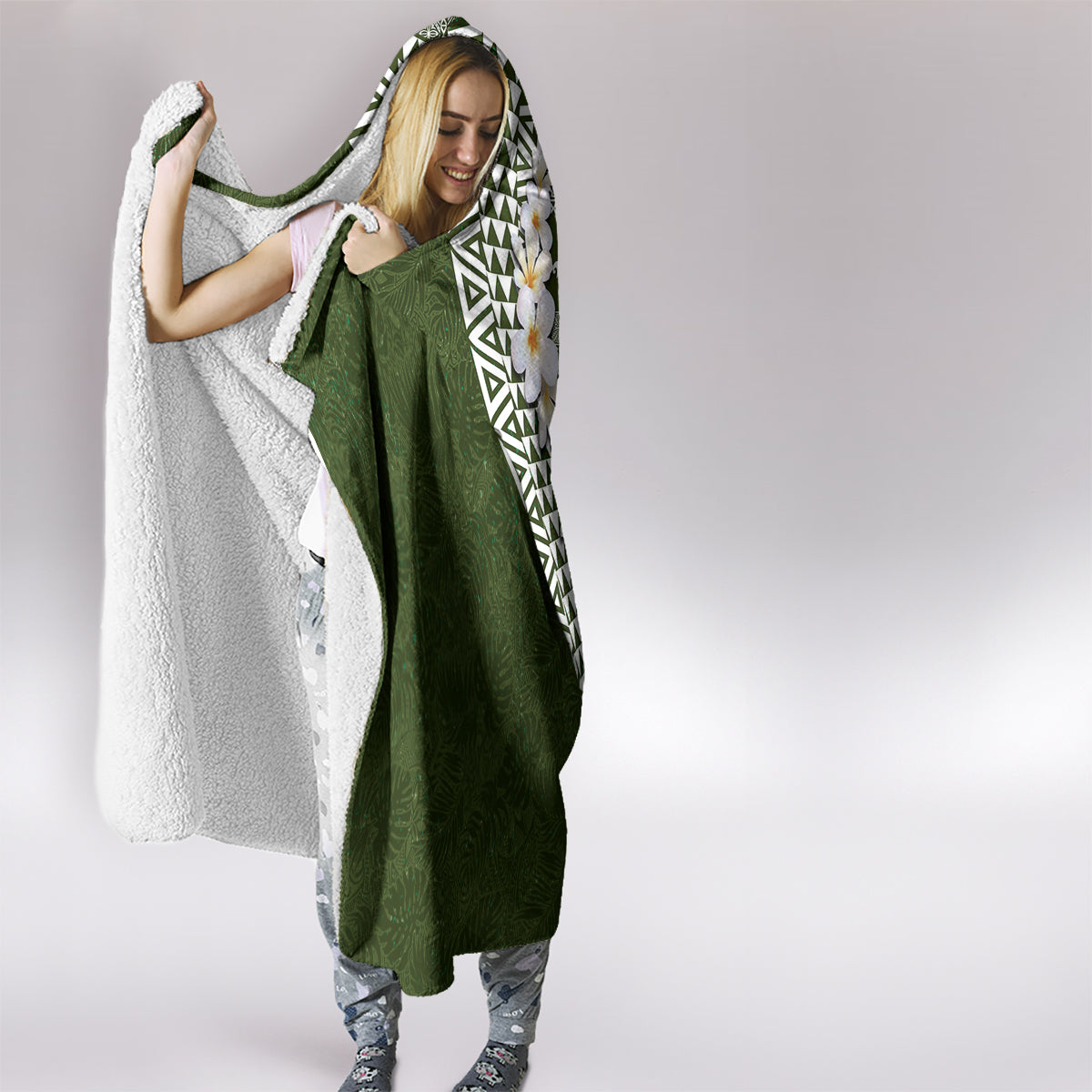 Hawaii Plumeria Tribal Vintage Hooded Blanket Special Green