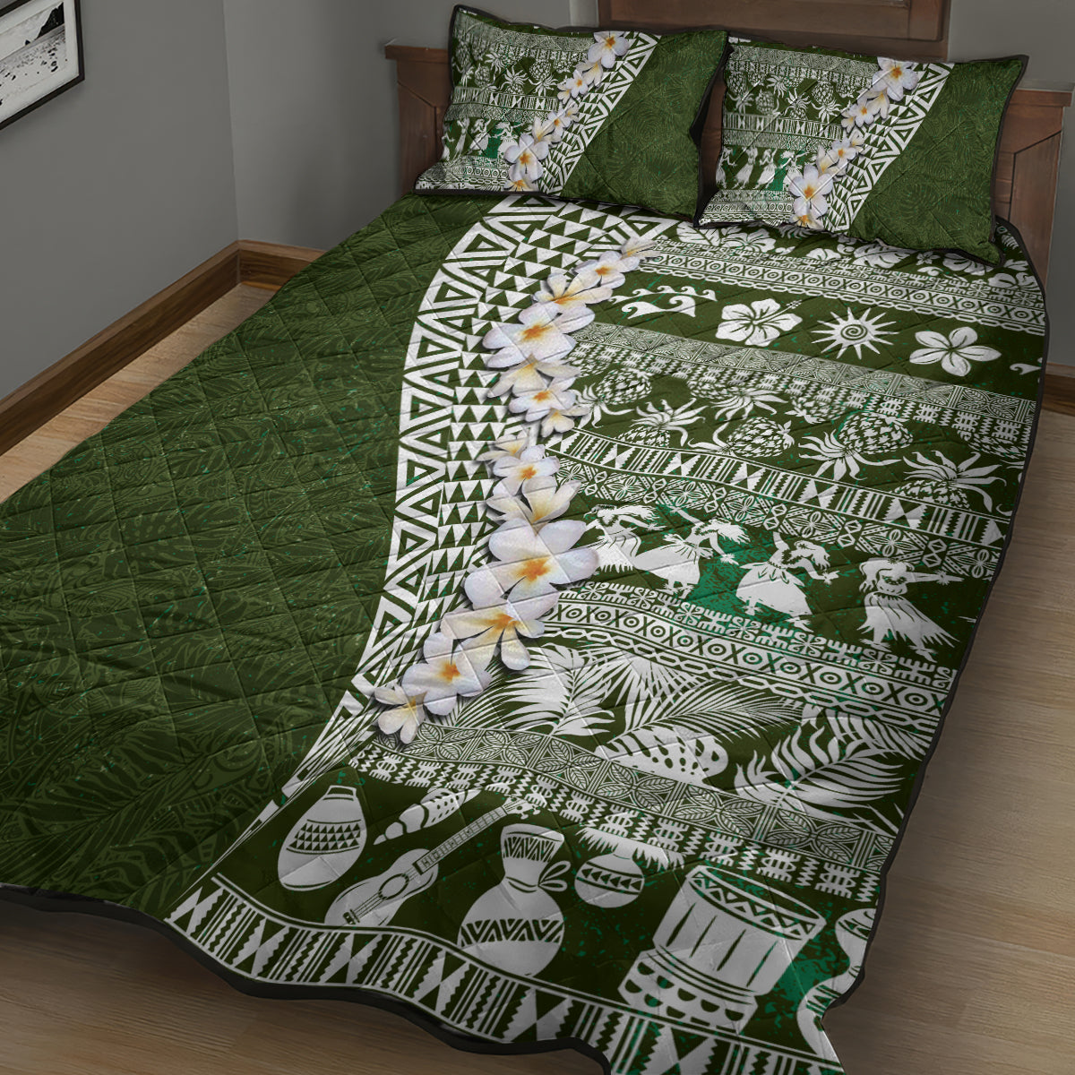 Hawaii Plumeria Tribal Vintage Quilt Bed Set Special Green