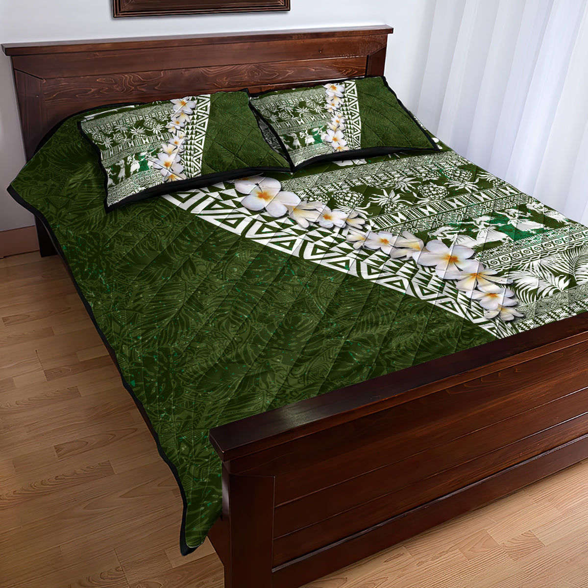Hawaii Plumeria Tribal Vintage Quilt Bed Set Special Green