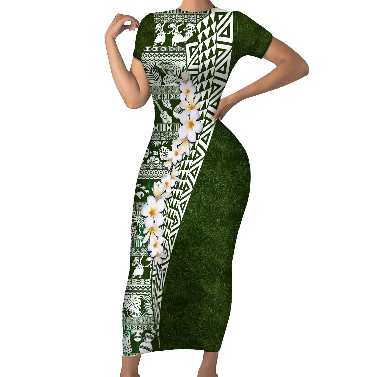 Hawaii Plumeria Tribal Vintage Short Sleeve Bodycon Dress Special Green