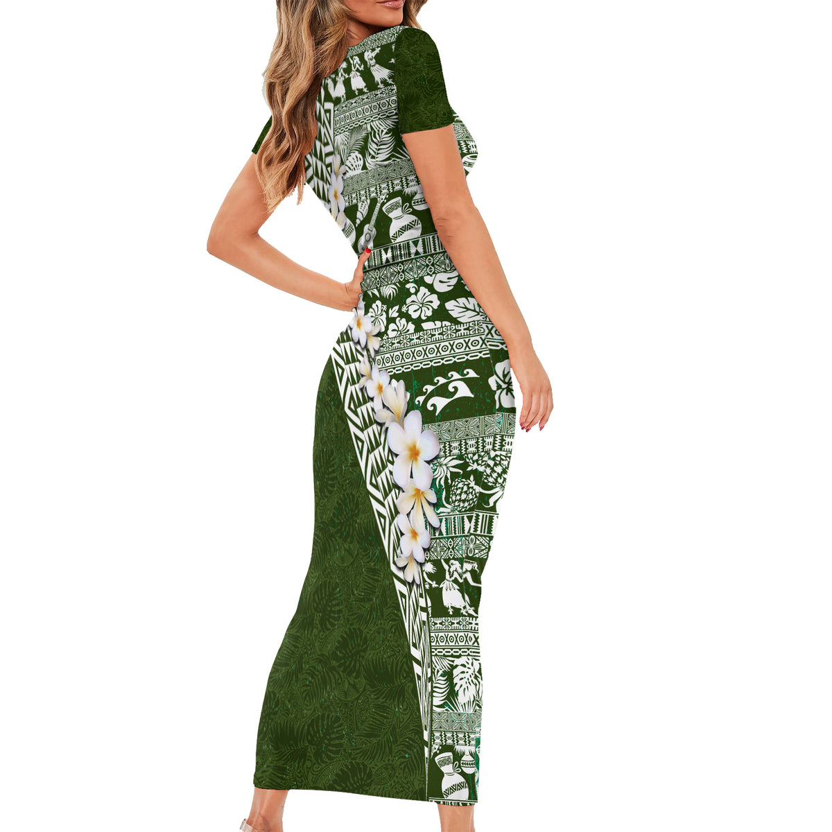 Hawaii Plumeria Tribal Vintage Short Sleeve Bodycon Dress Special Green