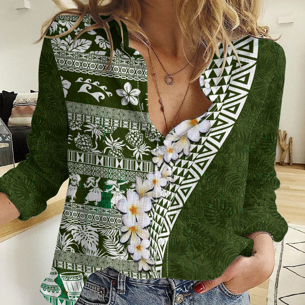 Hawaii Plumeria Tribal Vintage Women Casual Shirt Special Green