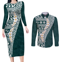 Hawaii Plumeria Tribal Vintage Couples Matching Long Sleeve Bodycon Dress and Long Sleeve Button Shirt Special Turquoise