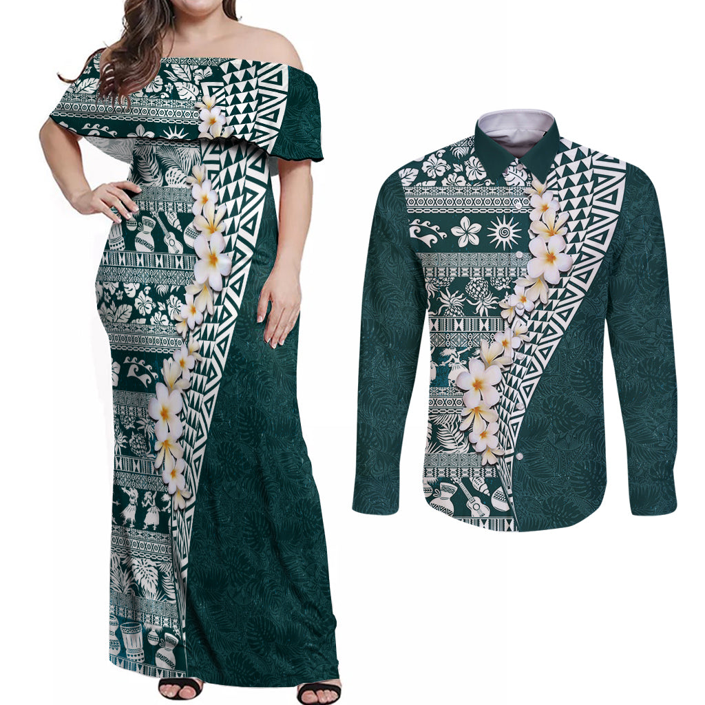 Hawaii Plumeria Tribal Vintage Couples Matching Off Shoulder Maxi Dress and Long Sleeve Button Shirt Special Turquoise