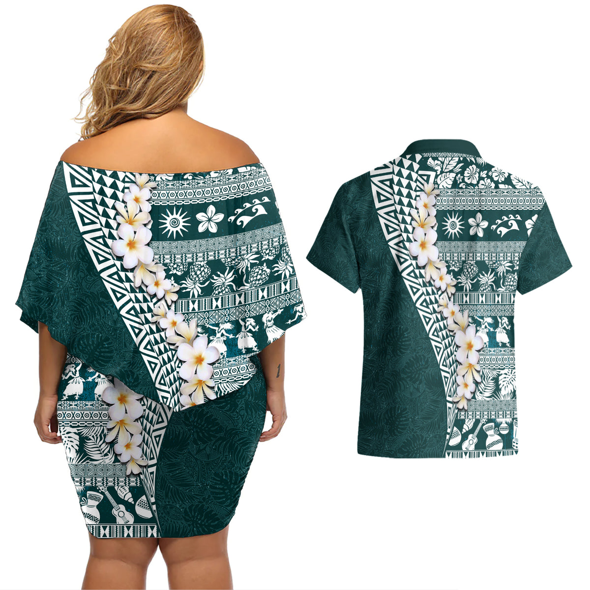 Hawaii Plumeria Tribal Vintage Couples Matching Off Shoulder Short Dress and Hawaiian Shirt Special Turquoise