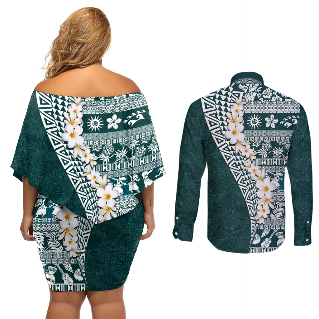 Hawaii Plumeria Tribal Vintage Couples Matching Off Shoulder Short Dress and Long Sleeve Button Shirt Special Turquoise