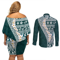 Hawaii Plumeria Tribal Vintage Couples Matching Off Shoulder Short Dress and Long Sleeve Button Shirt Special Turquoise