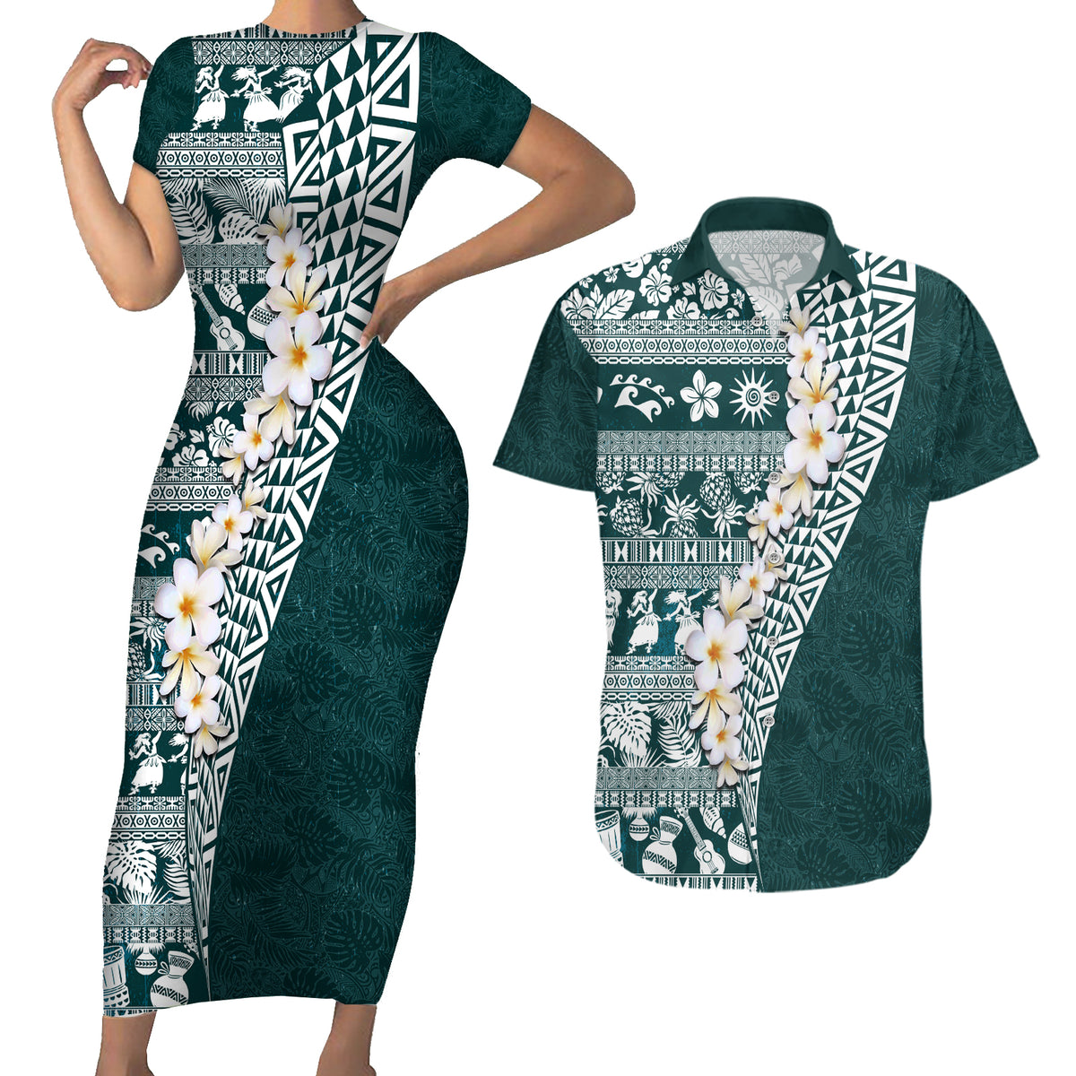 Hawaii Plumeria Tribal Vintage Couples Matching Short Sleeve Bodycon Dress and Hawaiian Shirt Special Turquoise LT03 Turquoise - Polynesian Pride