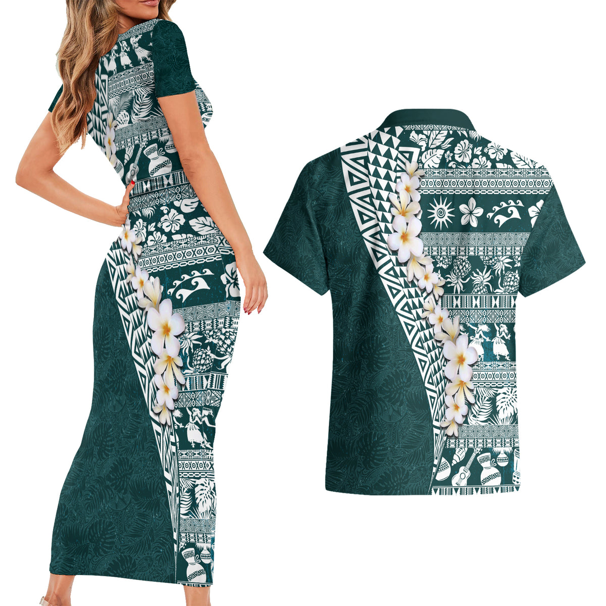 Hawaii Plumeria Tribal Vintage Couples Matching Short Sleeve Bodycon Dress and Hawaiian Shirt Special Turquoise LT03 - Polynesian Pride