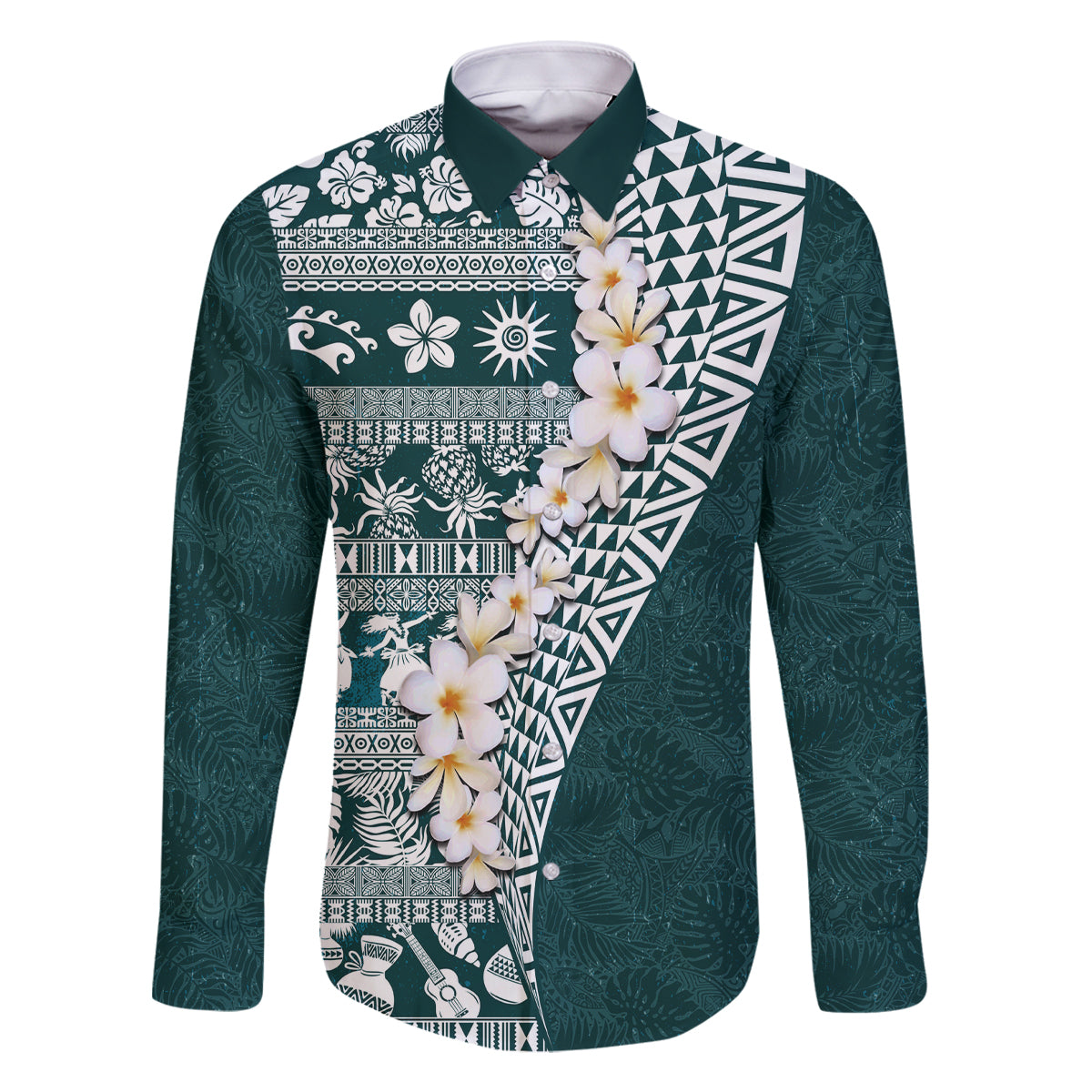 Hawaii Plumeria Tribal Vintage Family Matching Long Sleeve Bodycon Dress and Hawaiian Shirt Special Turquoise LT03 Dad's Shirt - Long Sleeve Turquoise - Polynesian Pride