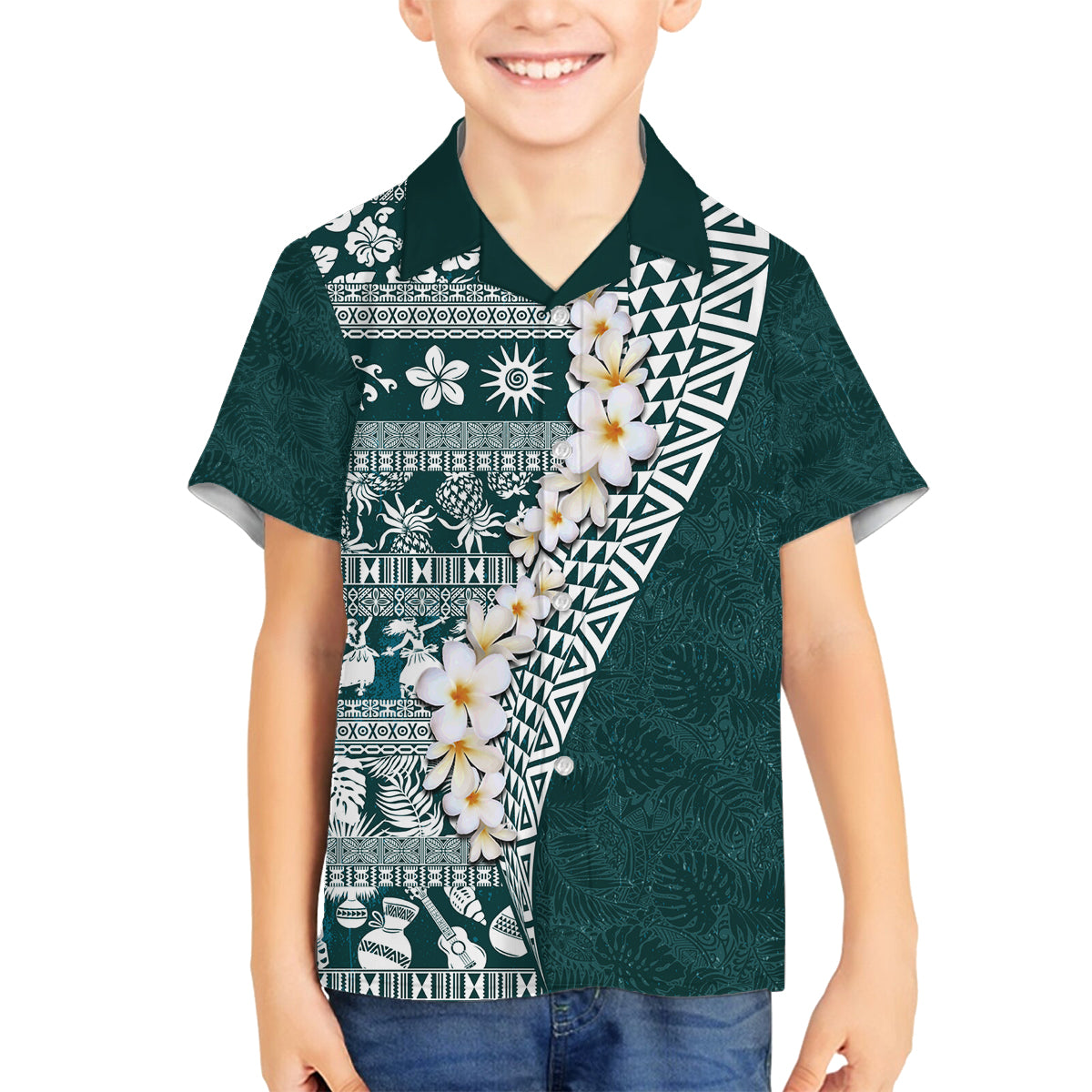 Hawaii Plumeria Tribal Vintage Family Matching Long Sleeve Bodycon Dress and Hawaiian Shirt Special Turquoise LT03 Son's Shirt Turquoise - Polynesian Pride