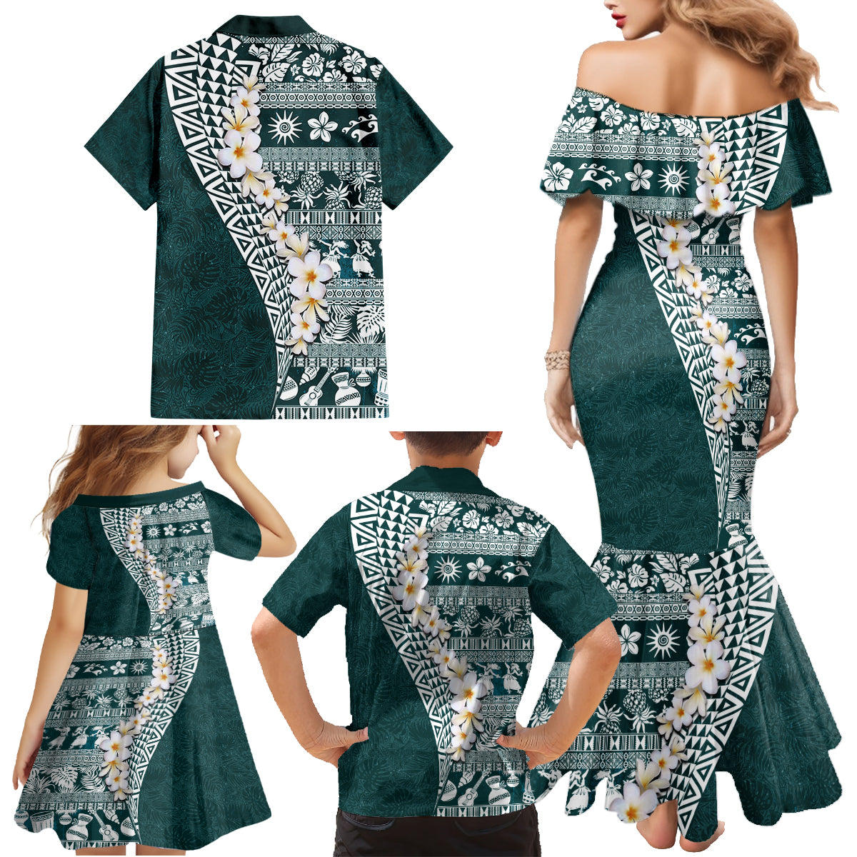 Hawaii Plumeria Tribal Vintage Family Matching Mermaid Dress and Hawaiian Shirt Special Turquoise LT03 - Polynesian Pride