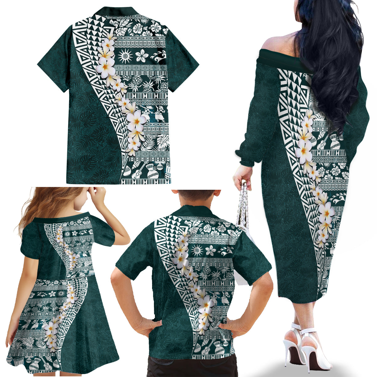 Hawaii Plumeria Tribal Vintage Family Matching Off The Shoulder Long Sleeve Dress and Hawaiian Shirt Special Turquoise