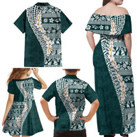 Hawaii Plumeria Tribal Vintage Family Matching Off Shoulder Maxi Dress and Hawaiian Shirt Special Turquoise
