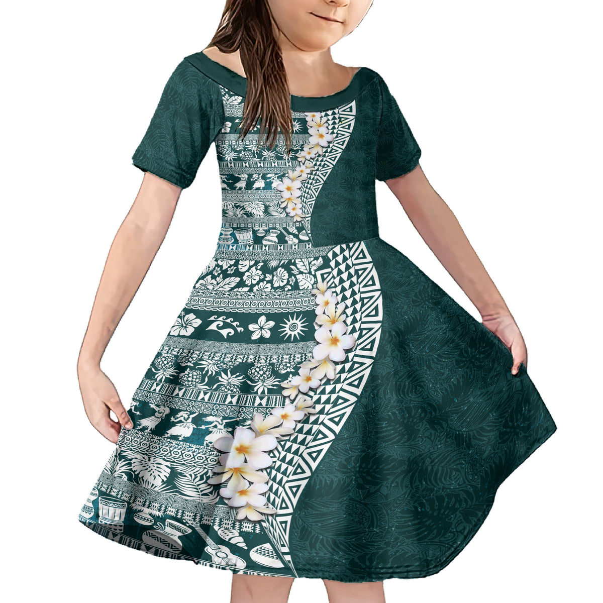 Hawaii Plumeria Tribal Vintage Family Matching Short Sleeve Bodycon Dress and Hawaiian Shirt Special Turquoise LT03 Daughter's Dress Turquoise - Polynesian Pride