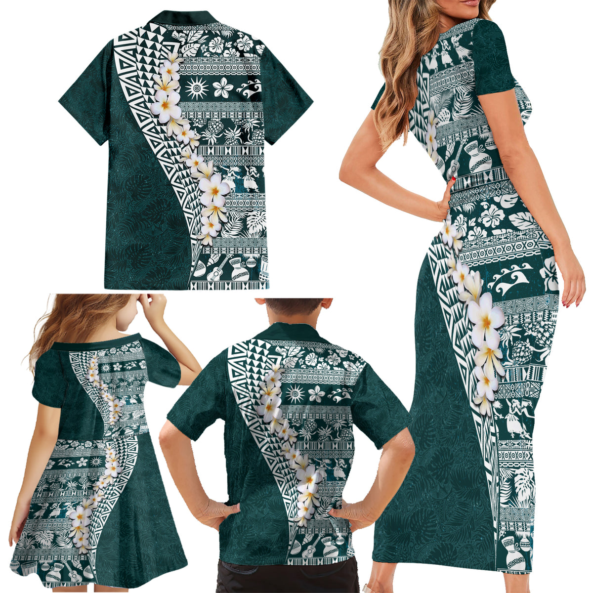 Hawaii Plumeria Tribal Vintage Family Matching Short Sleeve Bodycon Dress and Hawaiian Shirt Special Turquoise LT03 - Polynesian Pride