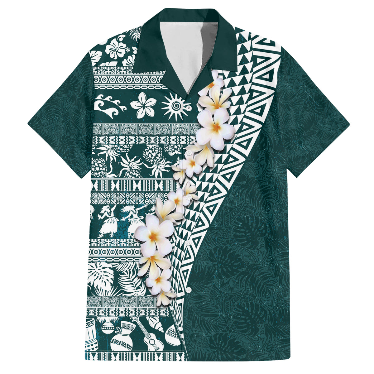 Hawaii Plumeria Tribal Vintage Family Matching Short Sleeve Bodycon Dress and Hawaiian Shirt Special Turquoise LT03 Dad's Shirt - Short Sleeve Turquoise - Polynesian Pride